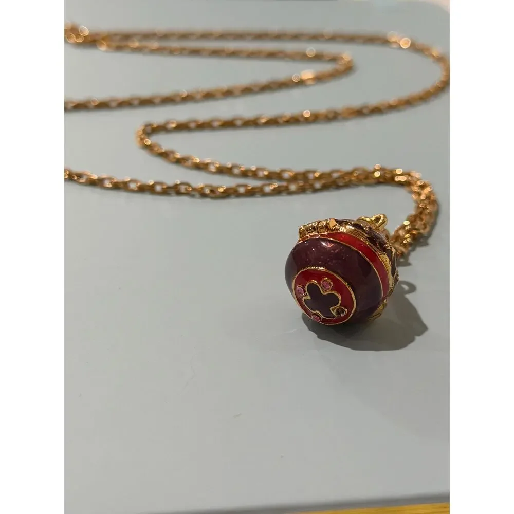 Vintage Joan Rivers Faberge Style Egg Locket Necklace • Red Enamel • Gold Plate